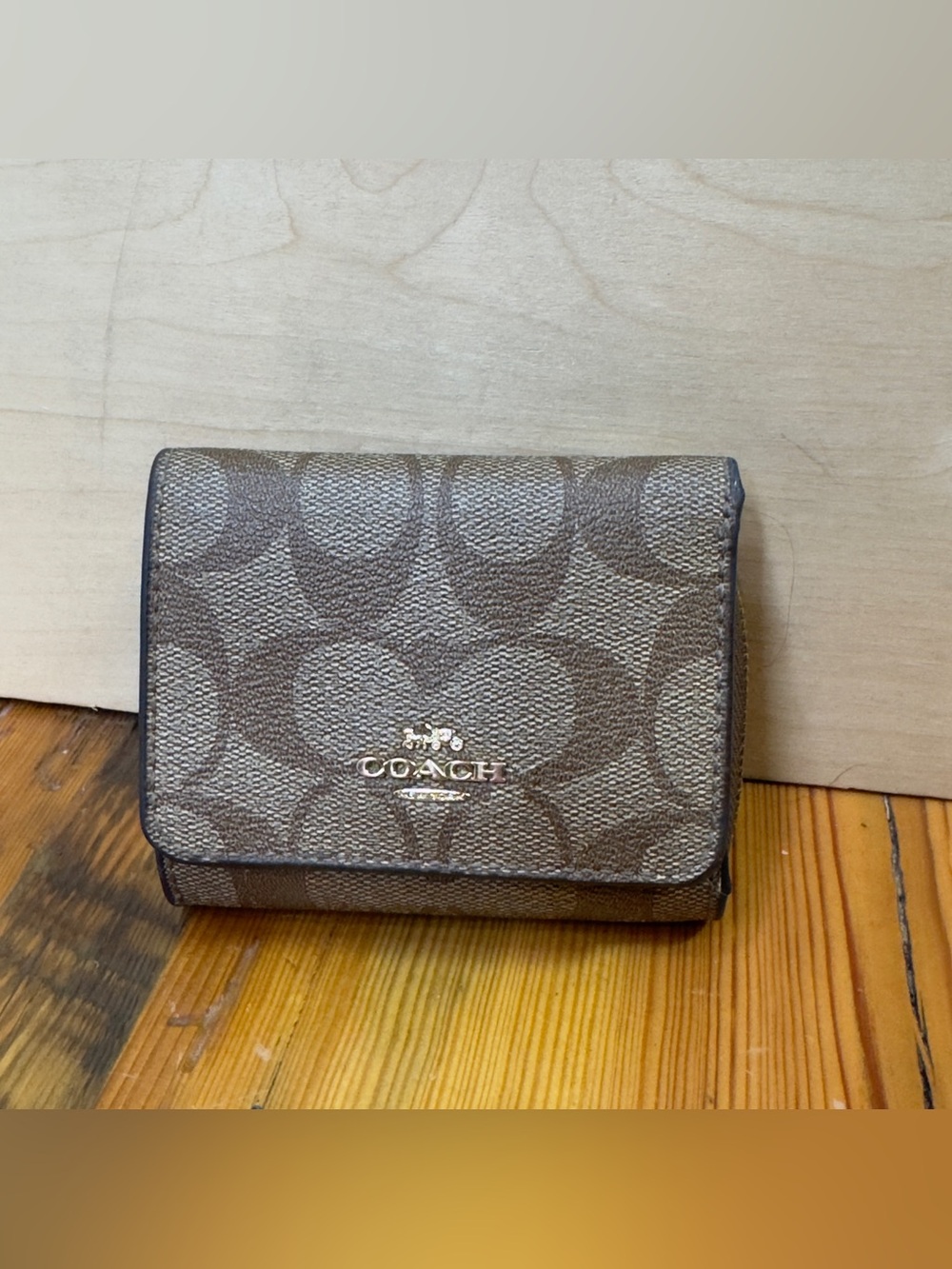 COACH Brown Signature Canvas Card & Key Holder with Gold Logo